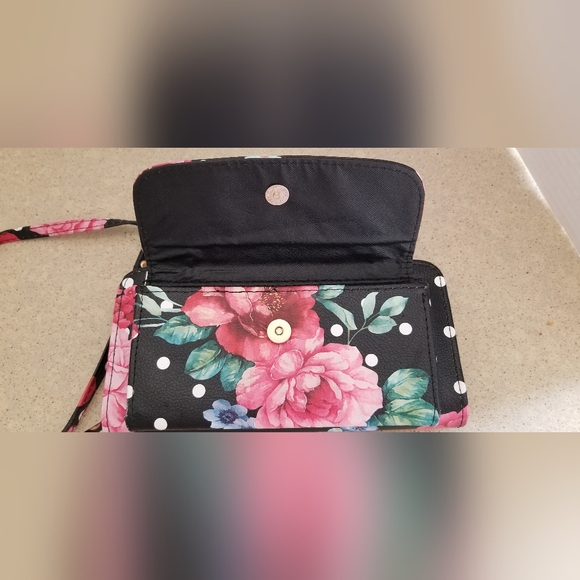 Clutch Wallet Black and Pink Floral Polka Dot Clutch with Chain Strap - Picture 2 of 13